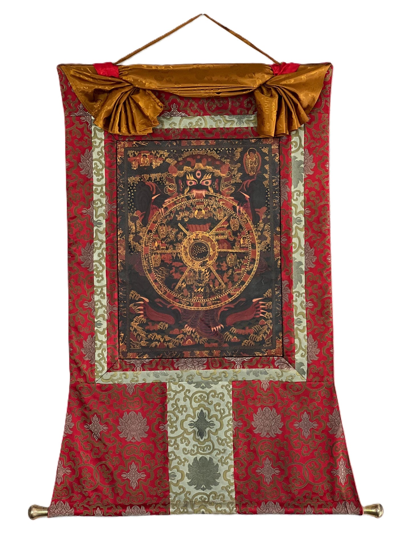 Hand-painted Original Oil-Varnished Wheel of Life Mandala – Tibetan Bhavachakra Thangka with Silk Brocade