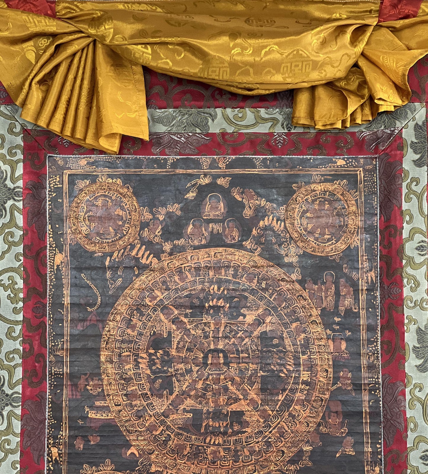 Original Hand-painted  Oil-Varnished Wheel of Life – Tibetan Bhavachakra Mandala Thangka Painting with Silk Brocade