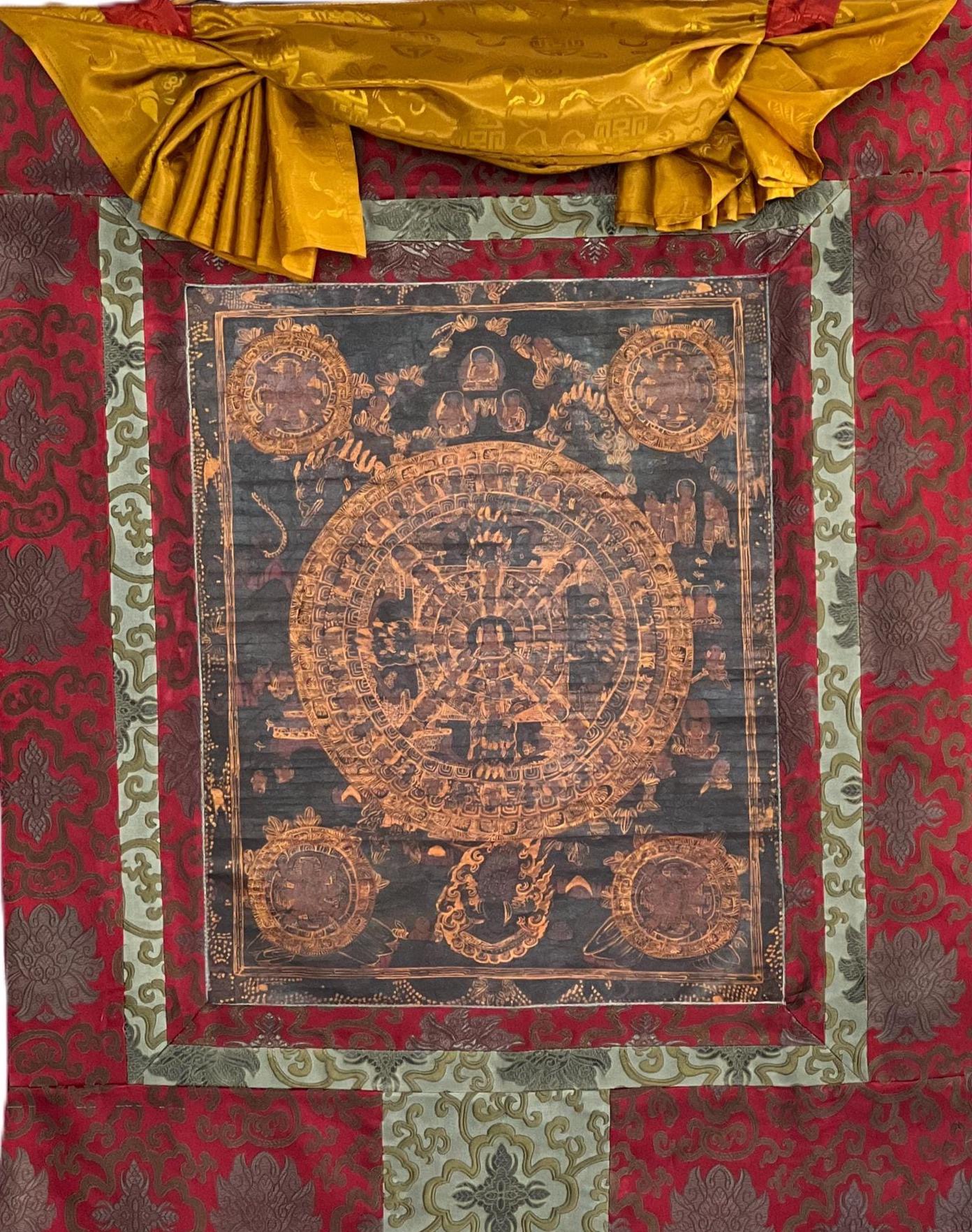 Original Hand-painted  Oil-Varnished Wheel of Life – Tibetan Bhavachakra Mandala Thangka Painting with Silk Brocade