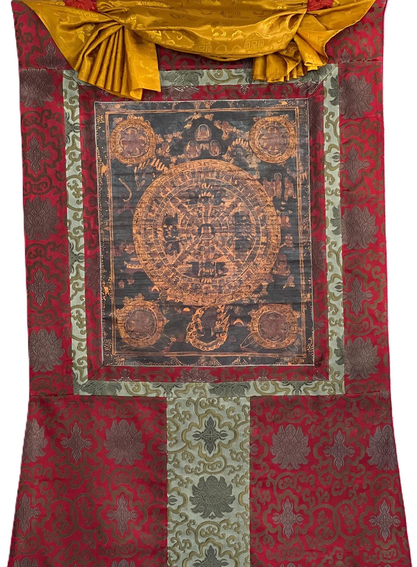 Original Hand-painted  Oil-Varnished Wheel of Life – Tibetan Bhavachakra Mandala Thangka Painting with Silk Brocade