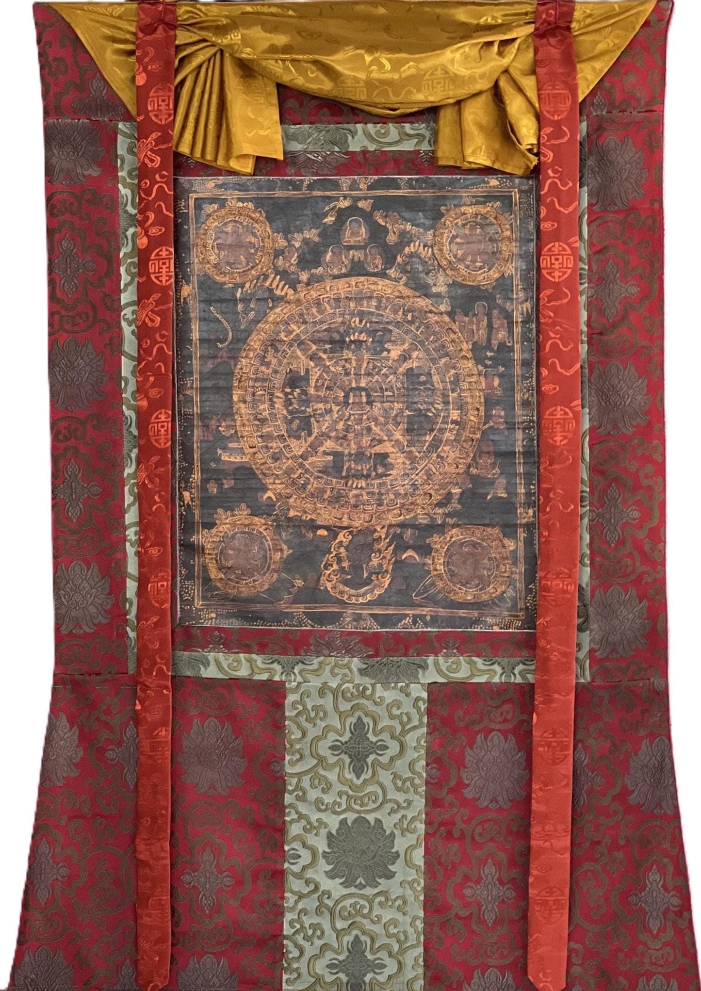 Original Hand-painted  Oil-Varnished Wheel of Life – Tibetan Bhavachakra Mandala Thangka Painting with Silk Brocade