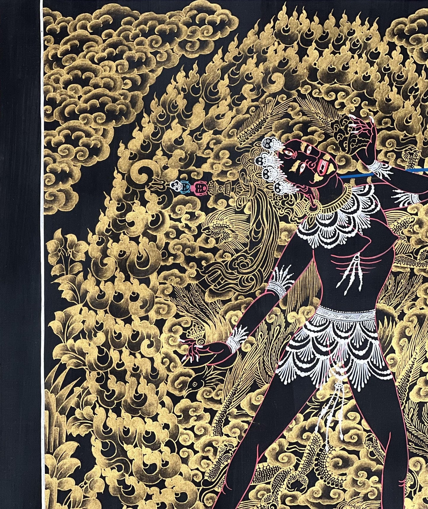 Hand-Painted Vajrayogini Thangka – Black and Gold Tibetan Art with Silk Brocade