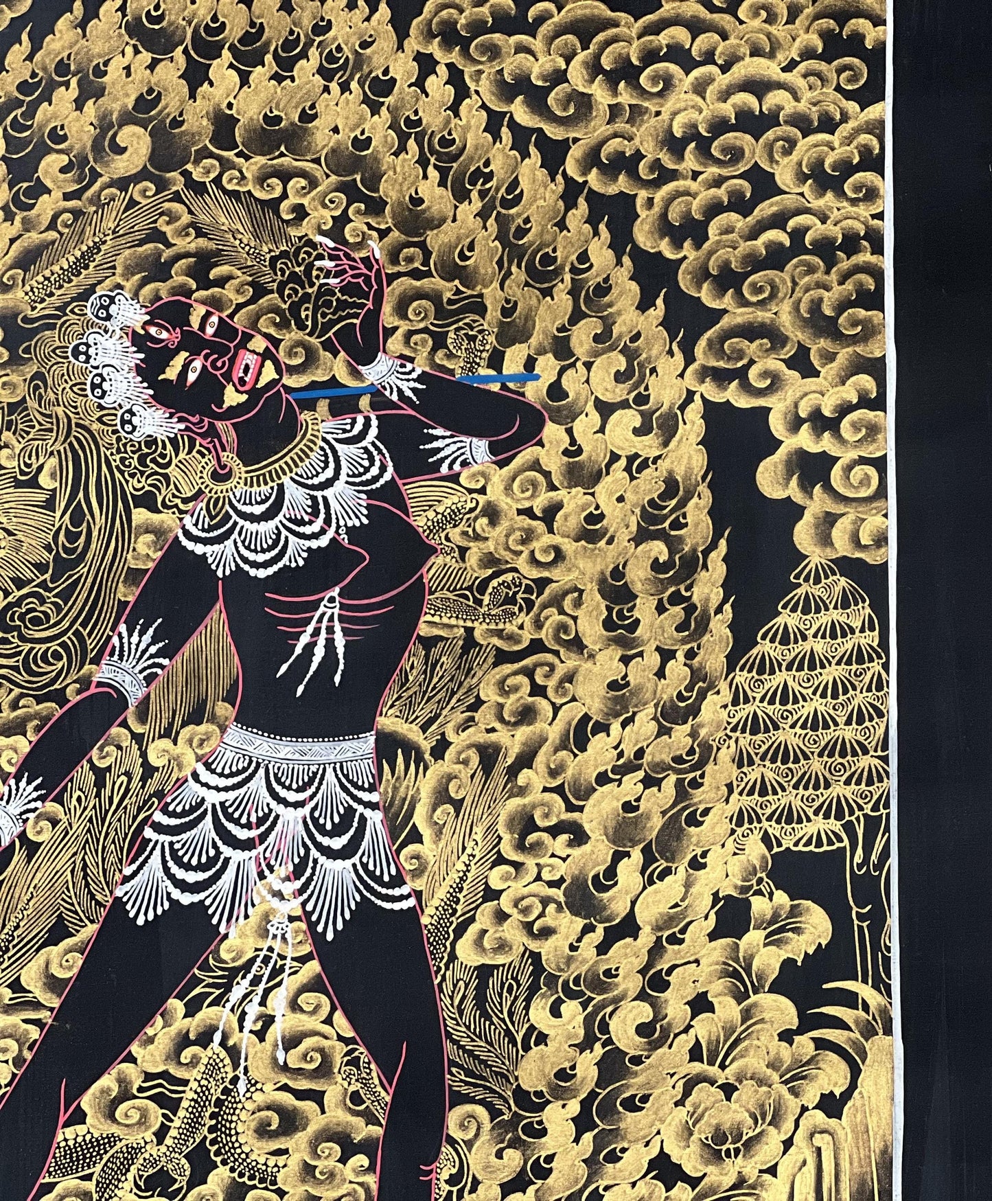 Hand-Painted Vajrayogini Thangka – Black and Gold Tibetan Art with Silk Brocade