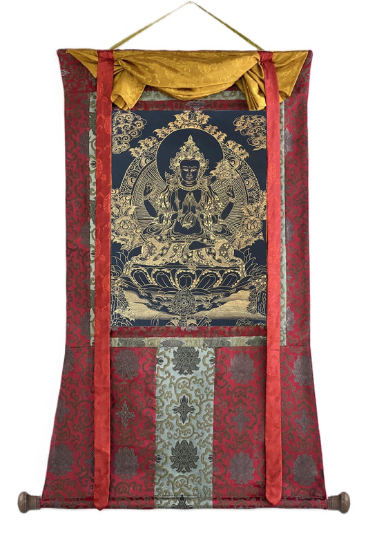 Original Hand-Painted Chenrezig (Avalokiteshvara) Black and Gold Tibetan Thangka Painting with Silk Brocade