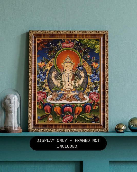 Eight-Armed Chenrezig Thangka | Avalokiteshvara Bodhisattva | Hand-Painted Tibetan Art | Silk Brocade | Compassion Deity Painting