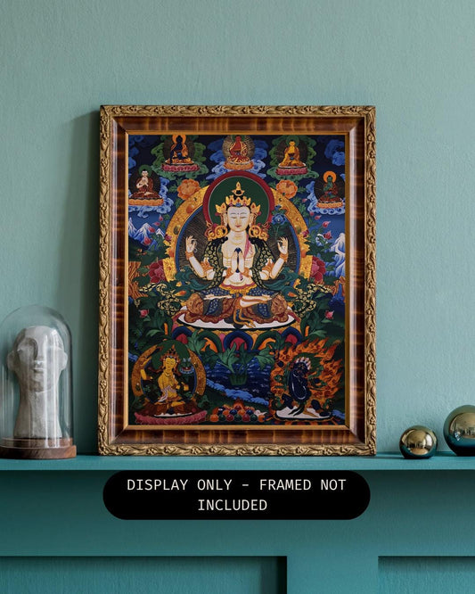 Original Hand-Painted Four-Armed Chenrezig Thangka | Avalokiteshvara Art | Tibetan Buddhist Compassion Wall Art from Nepal