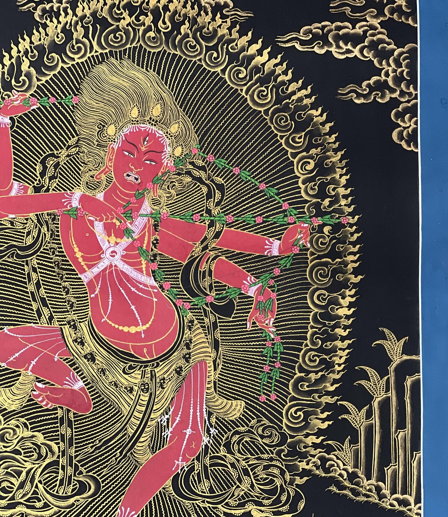 Hand-Painted Kurukulla Thangka | Black and Gold Silk Brocade Meditation Art