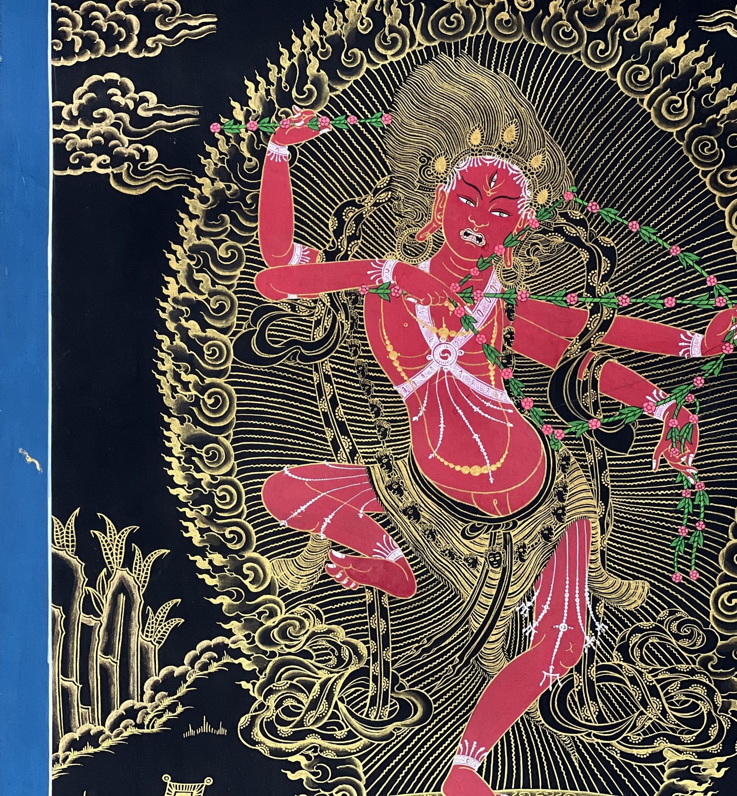 Hand-Painted Kurukulla Thangka | Black and Gold Silk Brocade Meditation Art