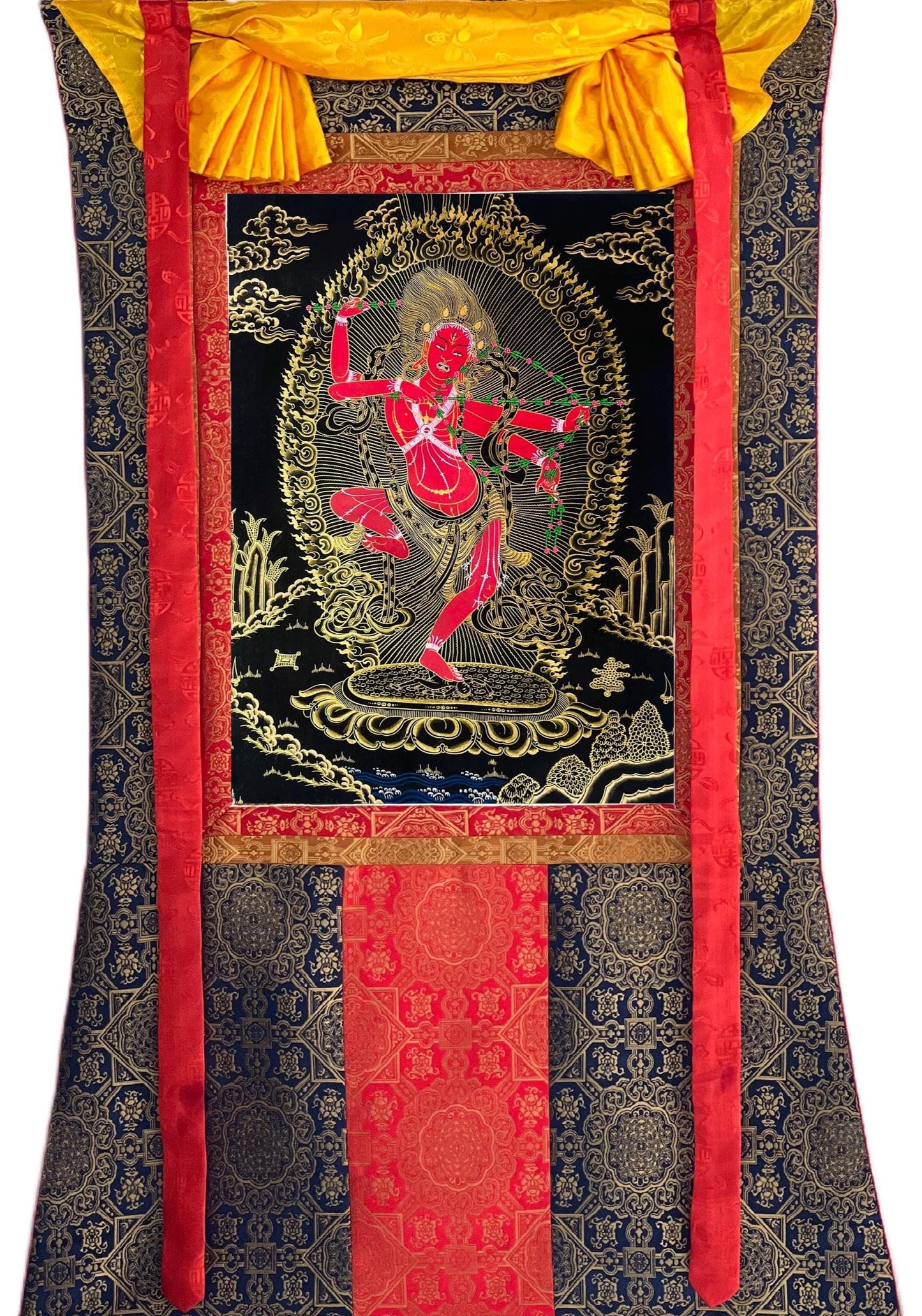 Hand-Painted Kurukulla Thangka | Black and Gold Silk Brocade Meditation Art