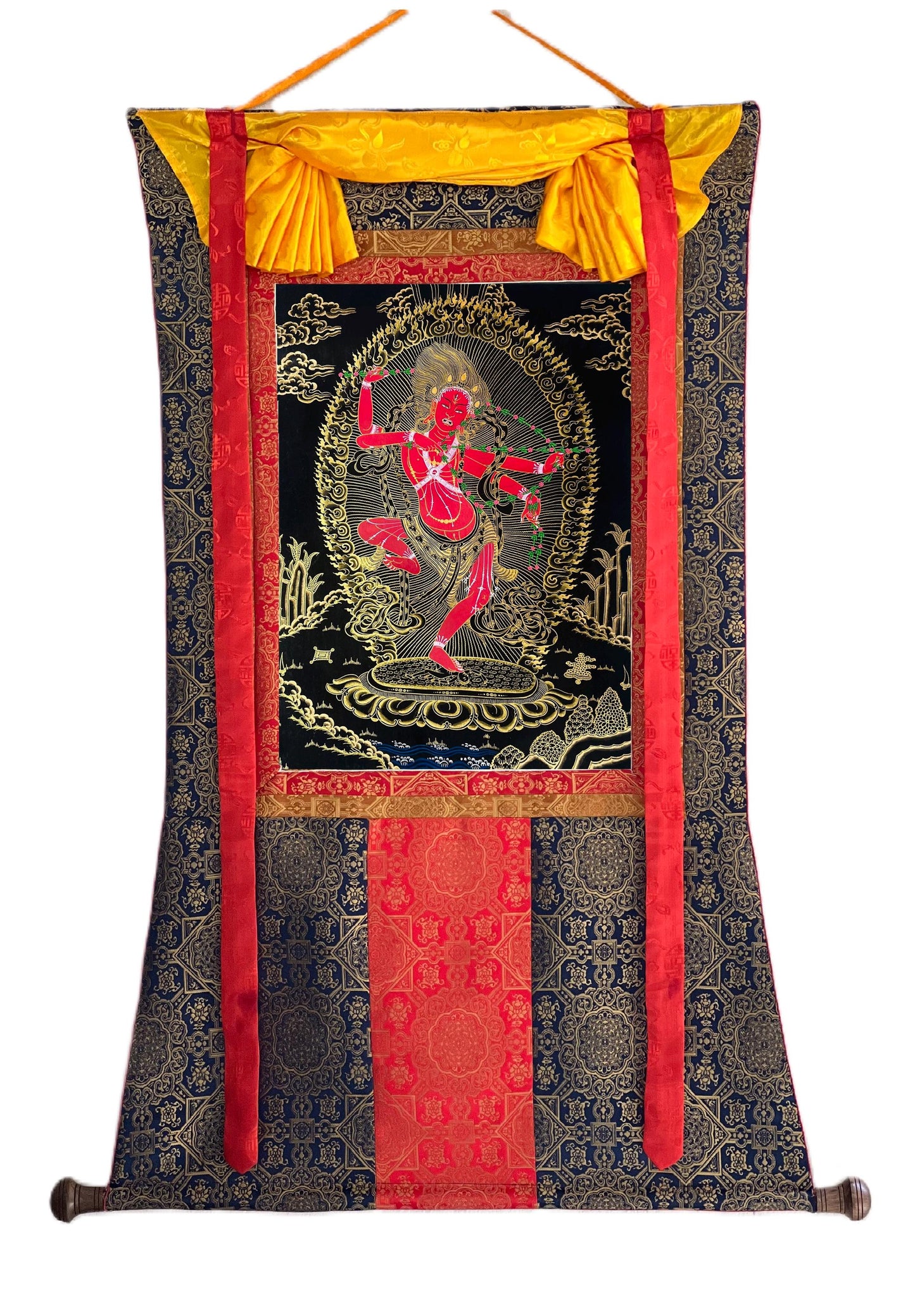 Hand-Painted Kurukulla Thangka | Black and Gold Silk Brocade Meditation Art