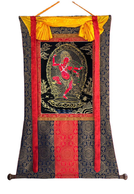 Hand-Painted Kurukulla Thangka | Black and Gold Silk Brocade Meditation Art