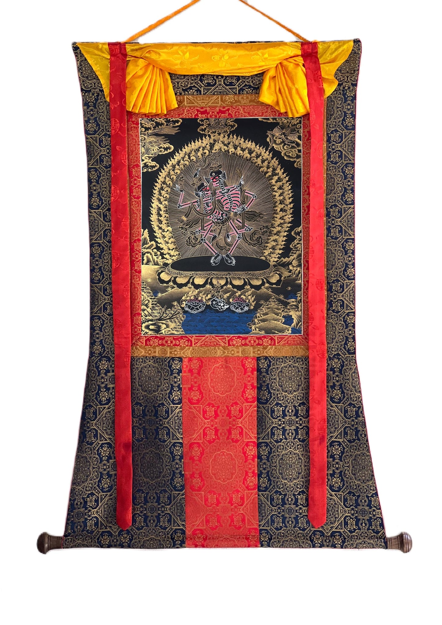 Hand-Painted Citipati Thangka – Tibetan Buddhist Art with Silk Brocade