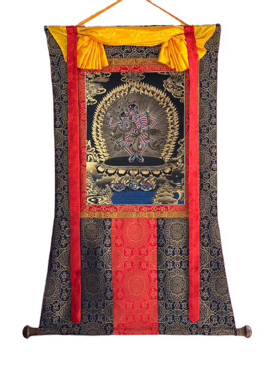 Hand-Painted Citipati Thangka – Tibetan Buddhist Art with Silk Brocade