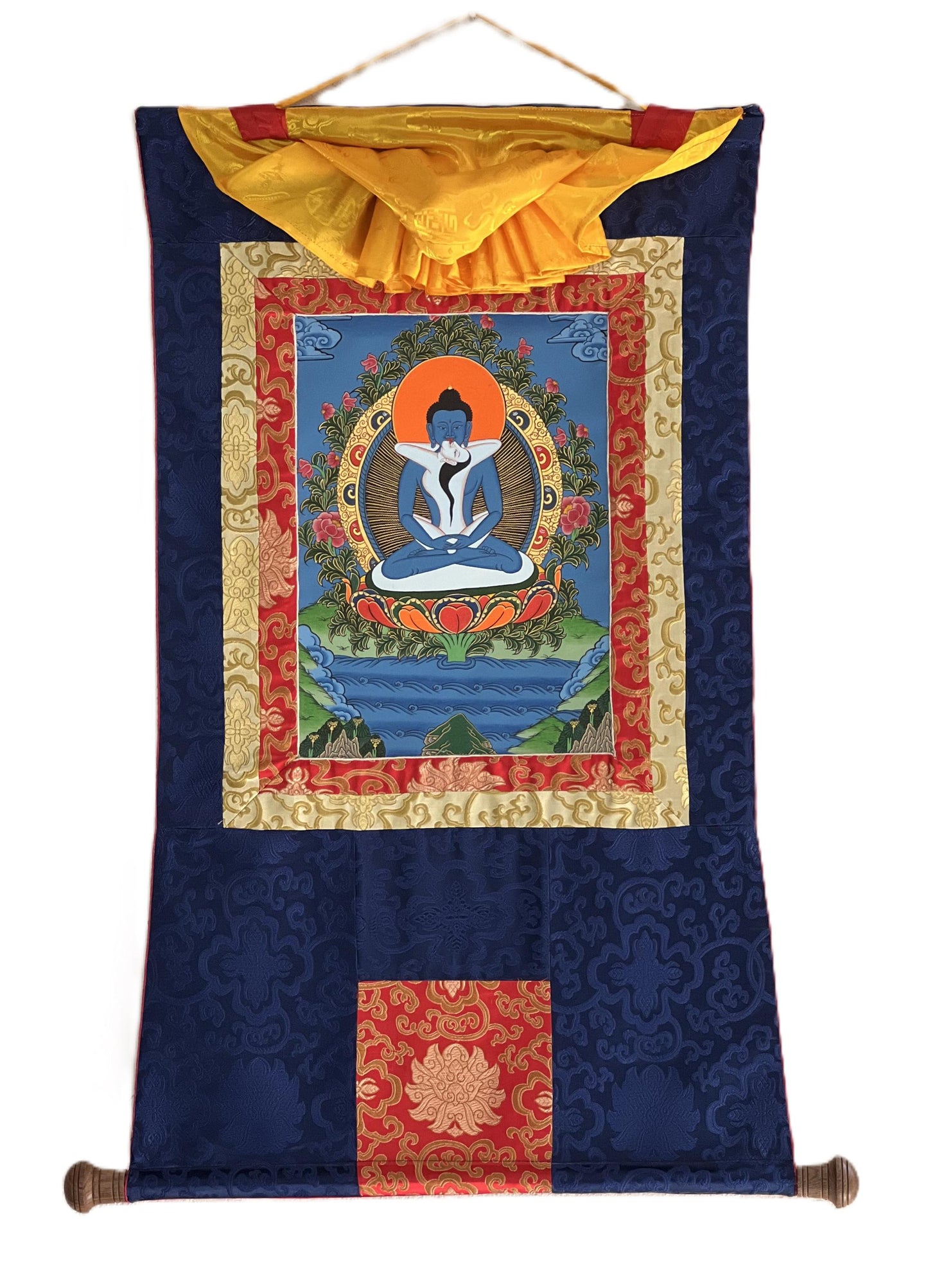 Hand-Painted Samantabhadra Thangka – Tibetan Silk Brocade Art