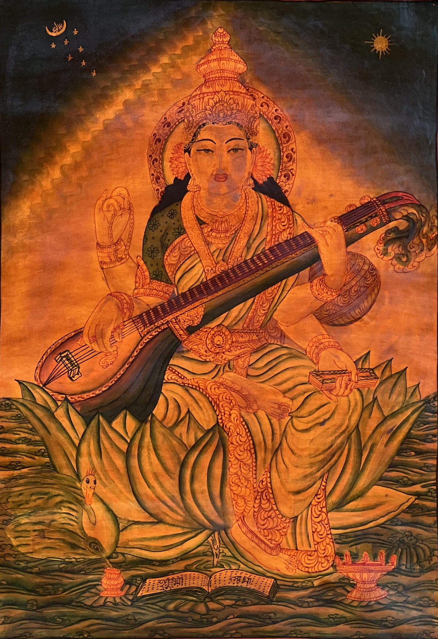 Vintage Saraswati Thangka – Hand-Painted Buddhist Art with Silk Brocade