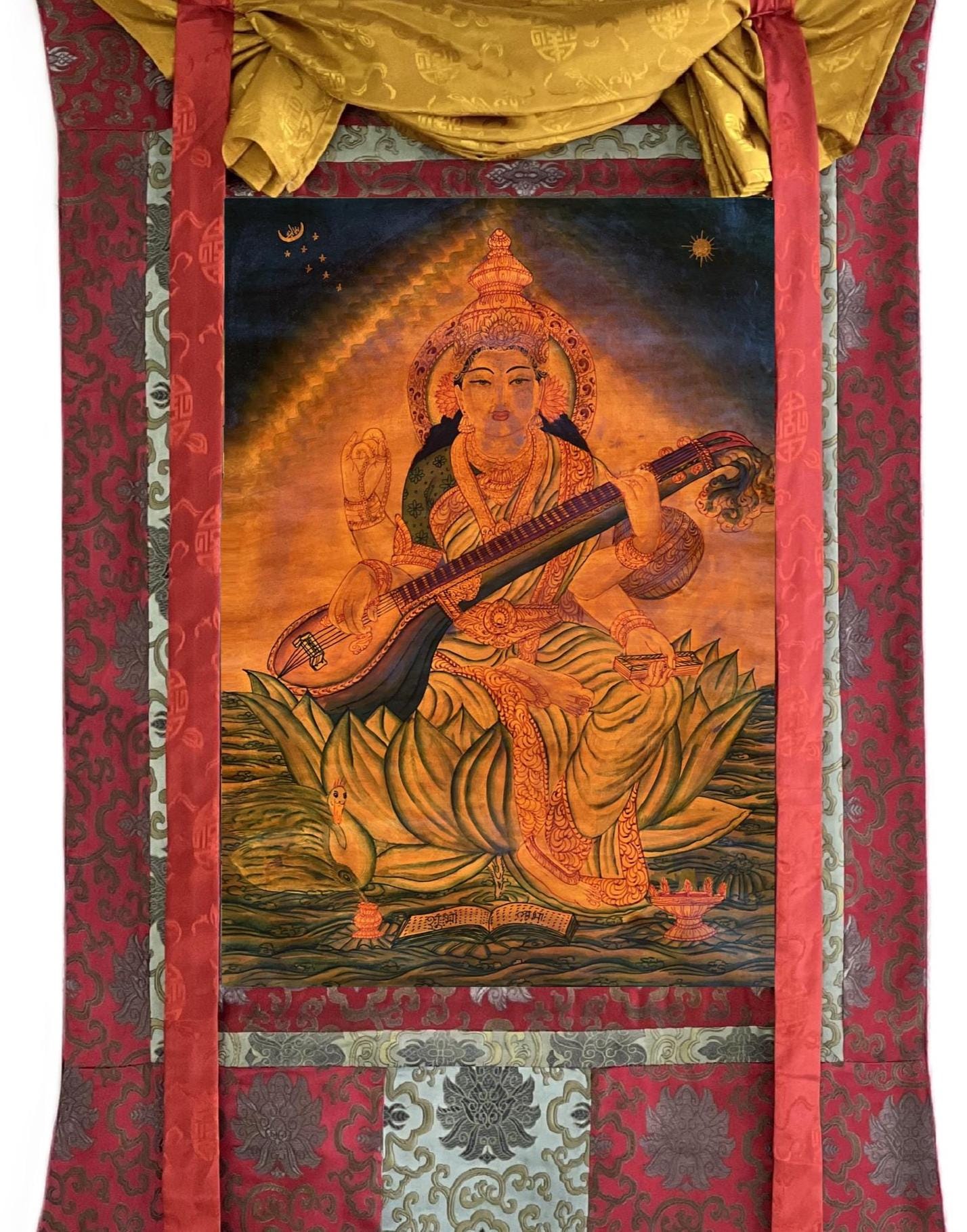 Vintage Saraswati Thangka – Hand-Painted Buddhist Art with Silk Brocade