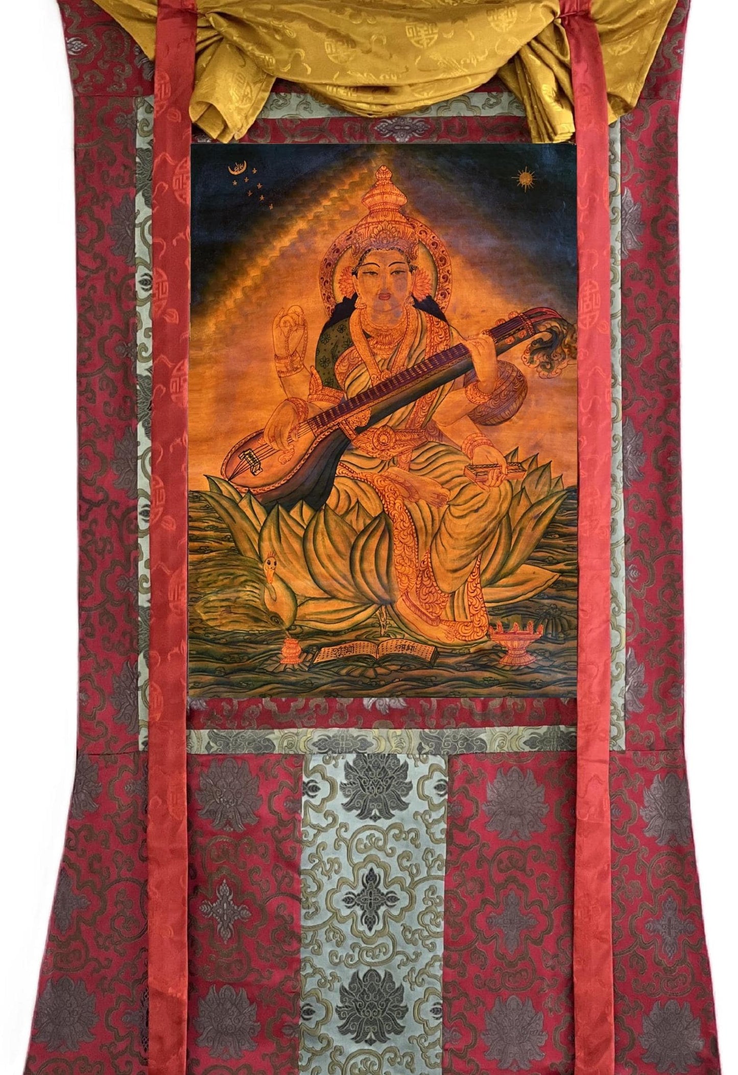 Vintage Saraswati Thangka – Hand-Painted Buddhist Art with Silk Brocade
