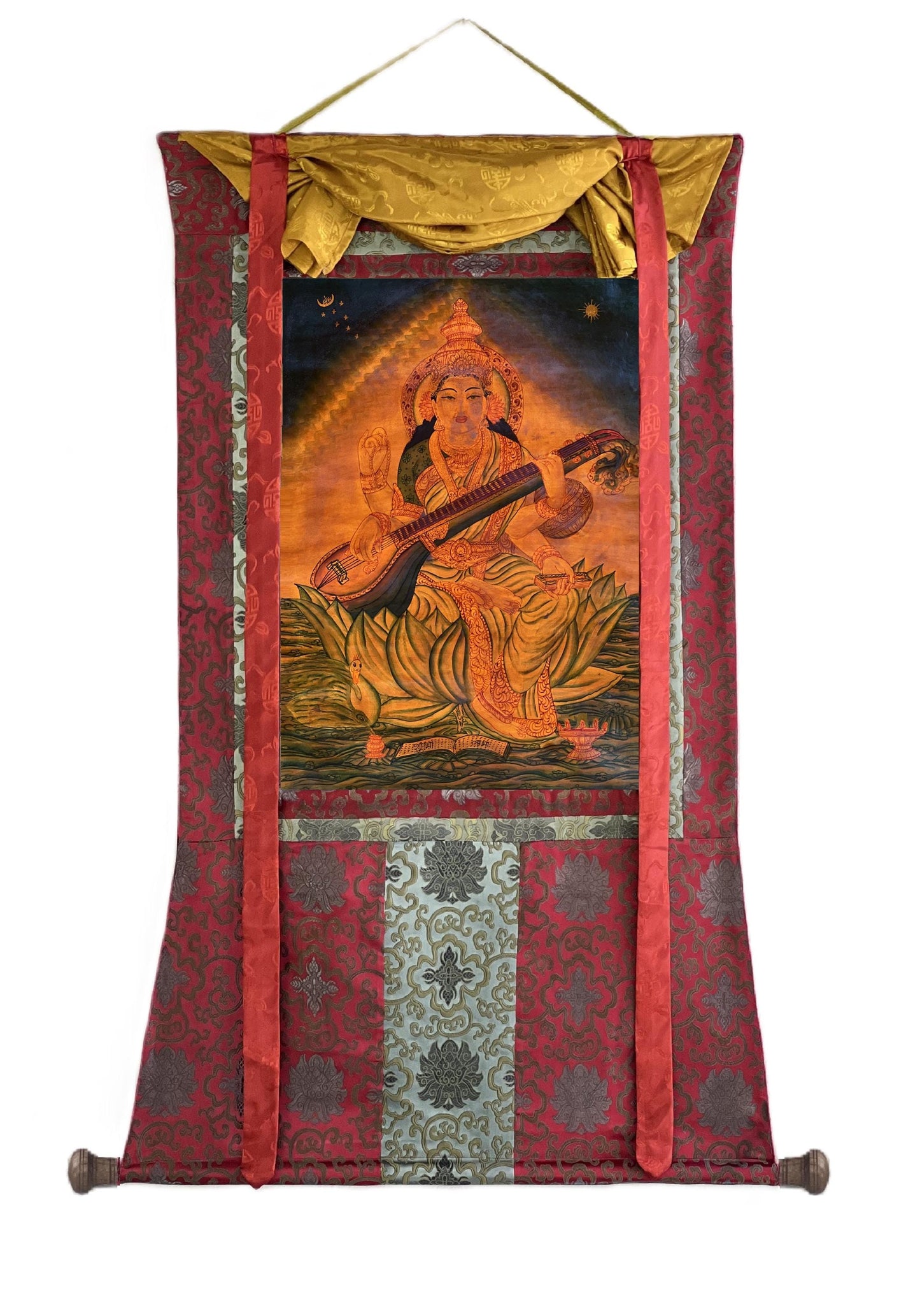 Vintage Saraswati Thangka – Hand-Painted Buddhist Art with Silk Brocade