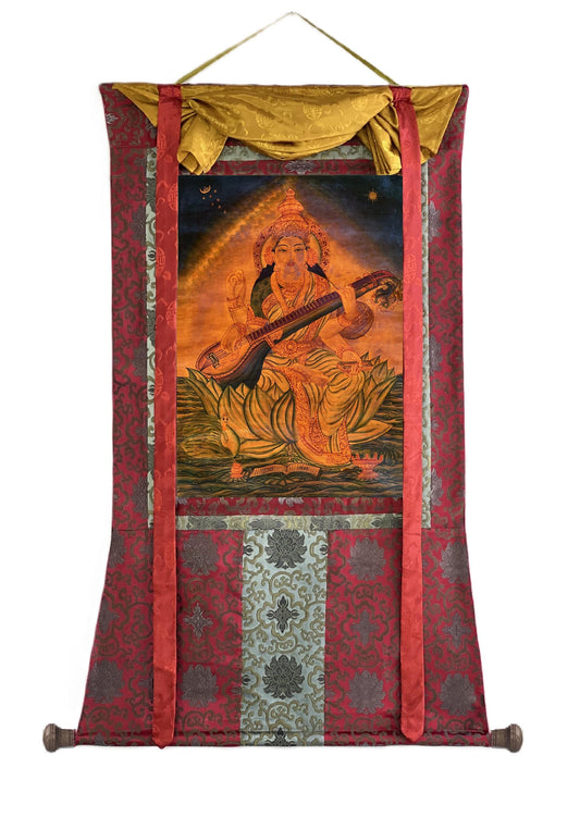 Vintage Saraswati Thangka – Hand-Painted Buddhist Art with Silk Brocade