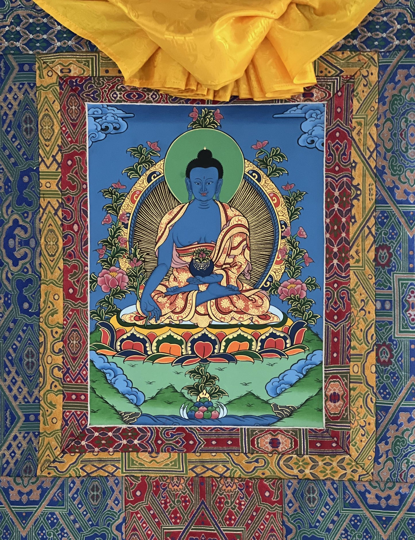 Hand-Painted Medicine Buddha Thangka | Tibetan Healing Art with Brocade
