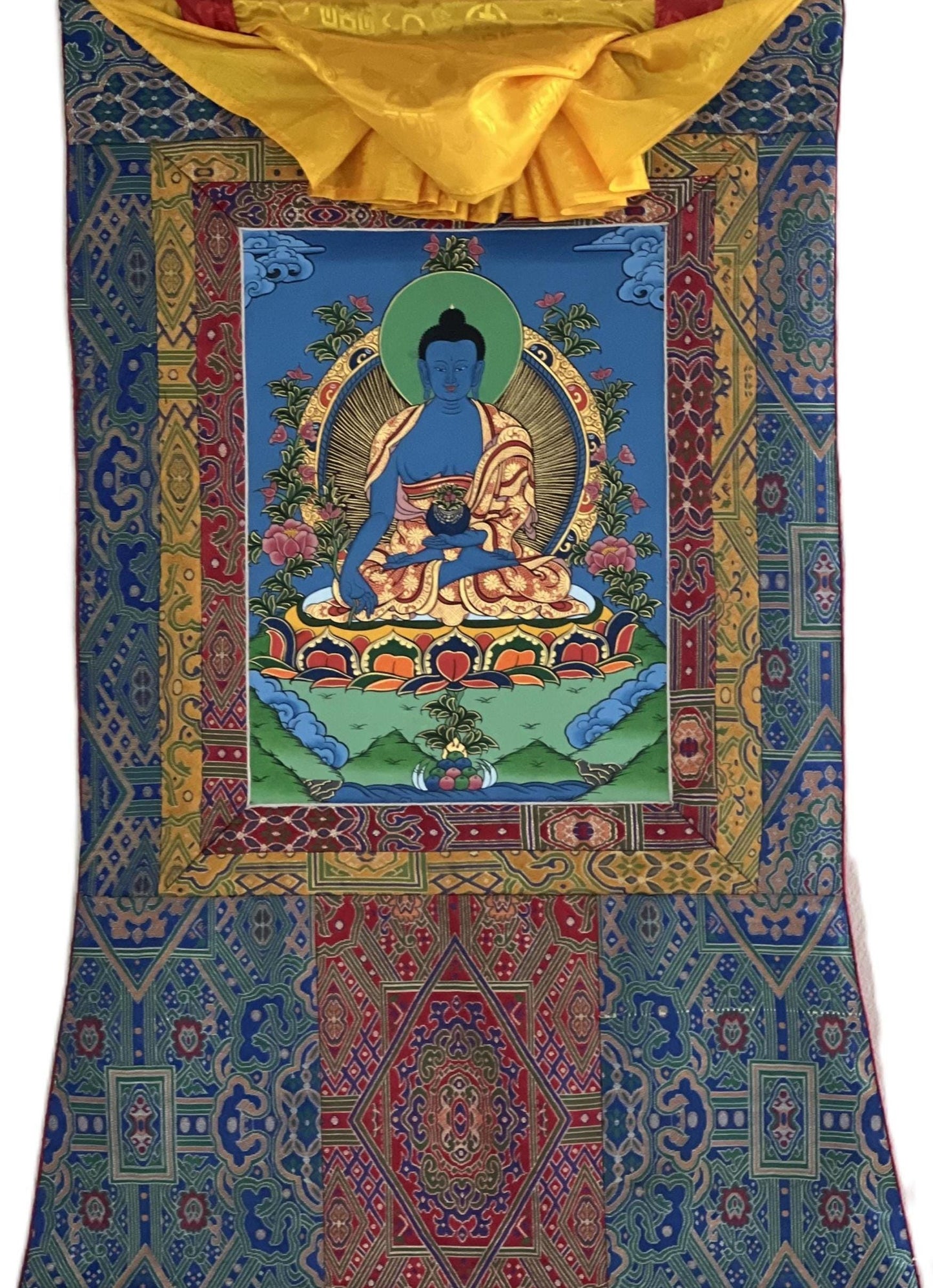 Hand-Painted Medicine Buddha Thangka | Tibetan Healing Art with Brocade