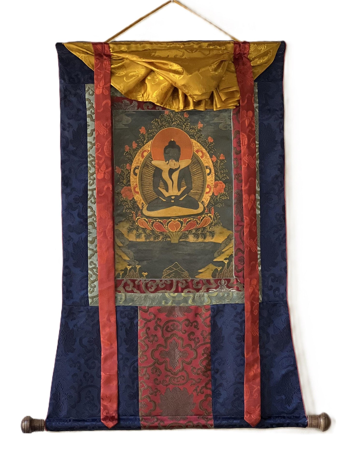 Hand-Painted Samantabhadra Thangka | Tibetan Buddhist Art, Silk Brocade, Oil Varnished