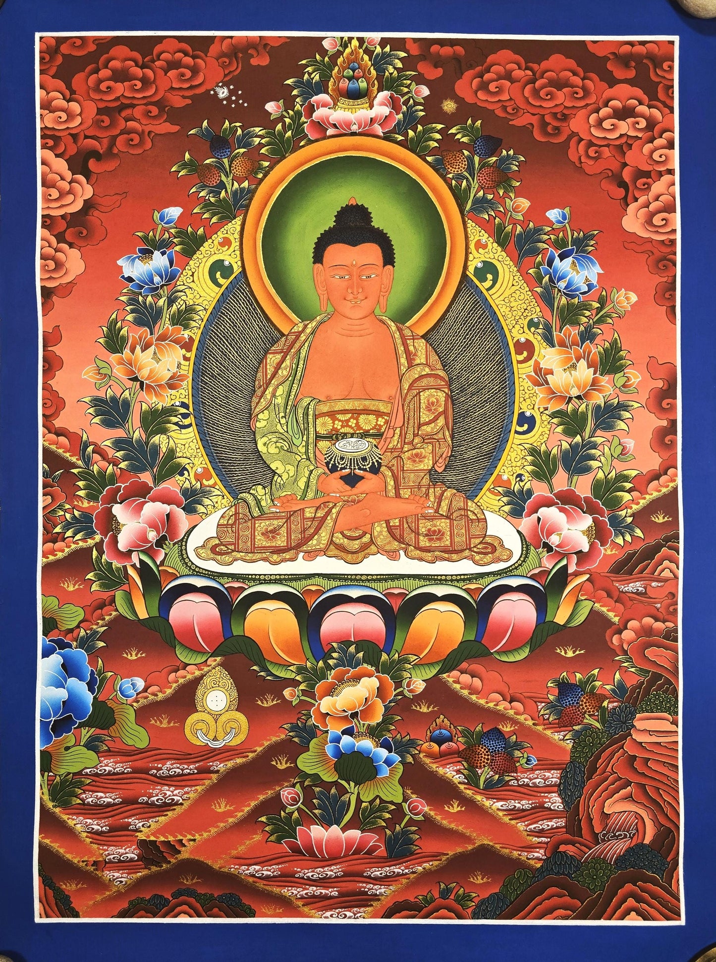 Original Tibetan Thangka of Amitabha Buddha – Hand-Painted Gold Masterpiece for Compassion and Meditation