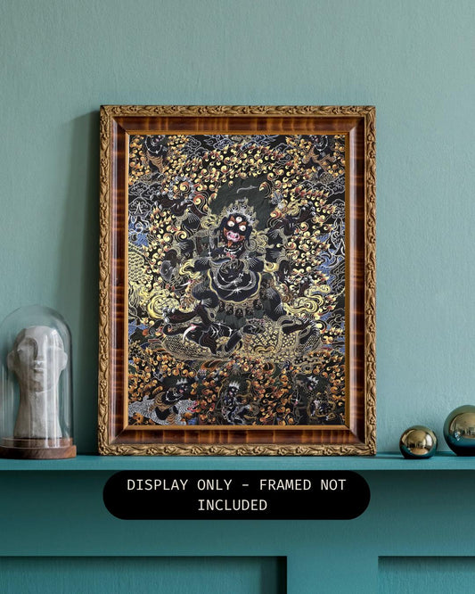 Original Hand-Painted Six-Armed Mahakala Black and Gold Tibetan Thangka Painting – Protector Deity of Compassion