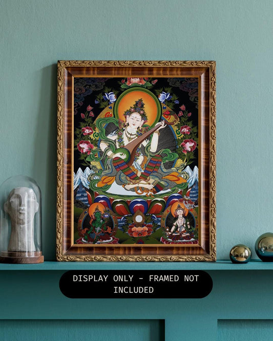 Hand-Painted Saraswati Thangka Painting, 24K Gold, Nepal