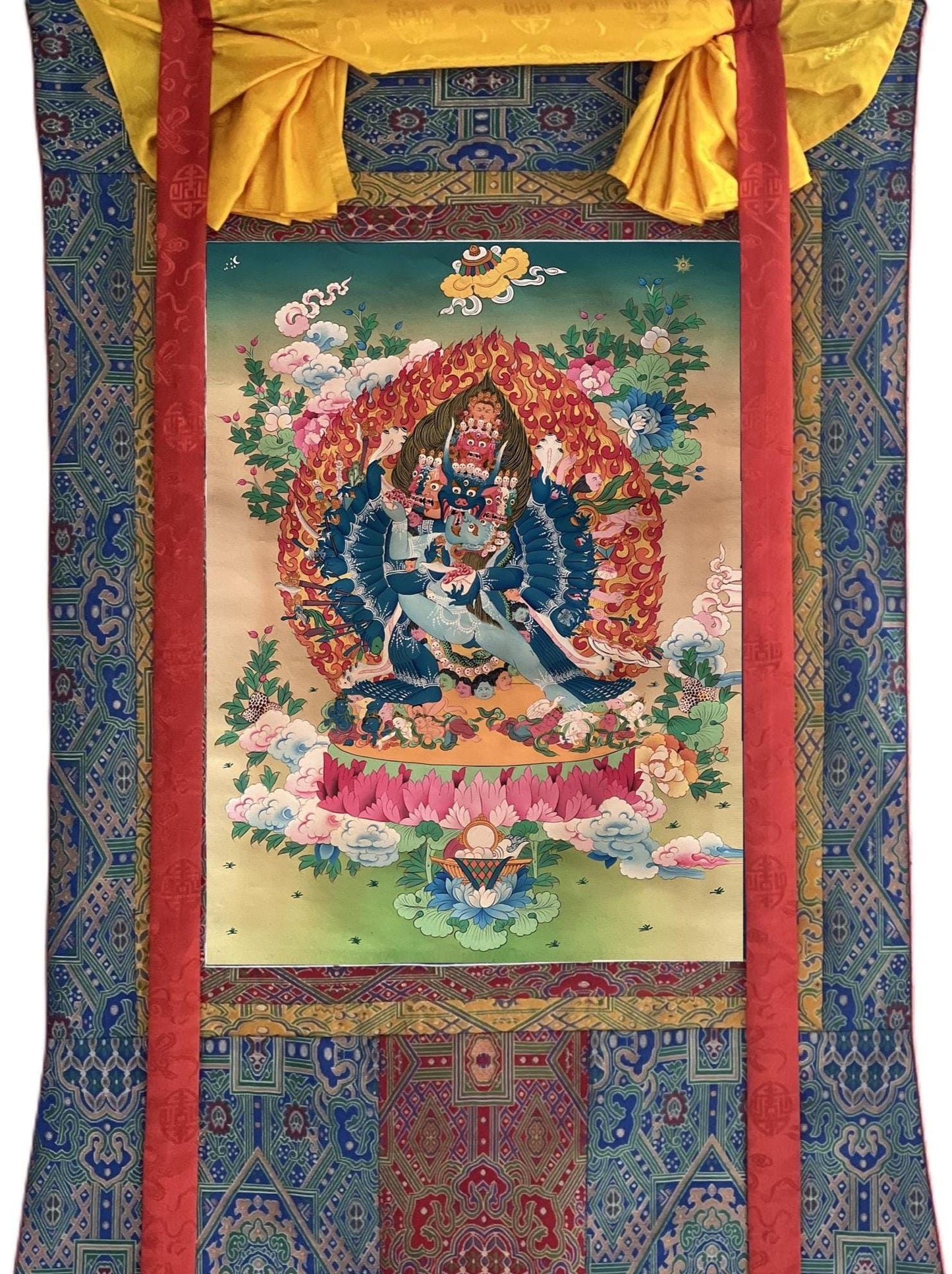 Yamantaka Thangka Painting - Hand-Painted Tibetan Buddhist Art with Silk Brocade