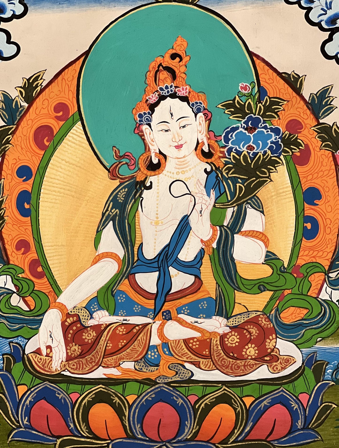 Hand-Painted White Tara Thangka Painting, Silk Brocade Framed, Buddhist Art