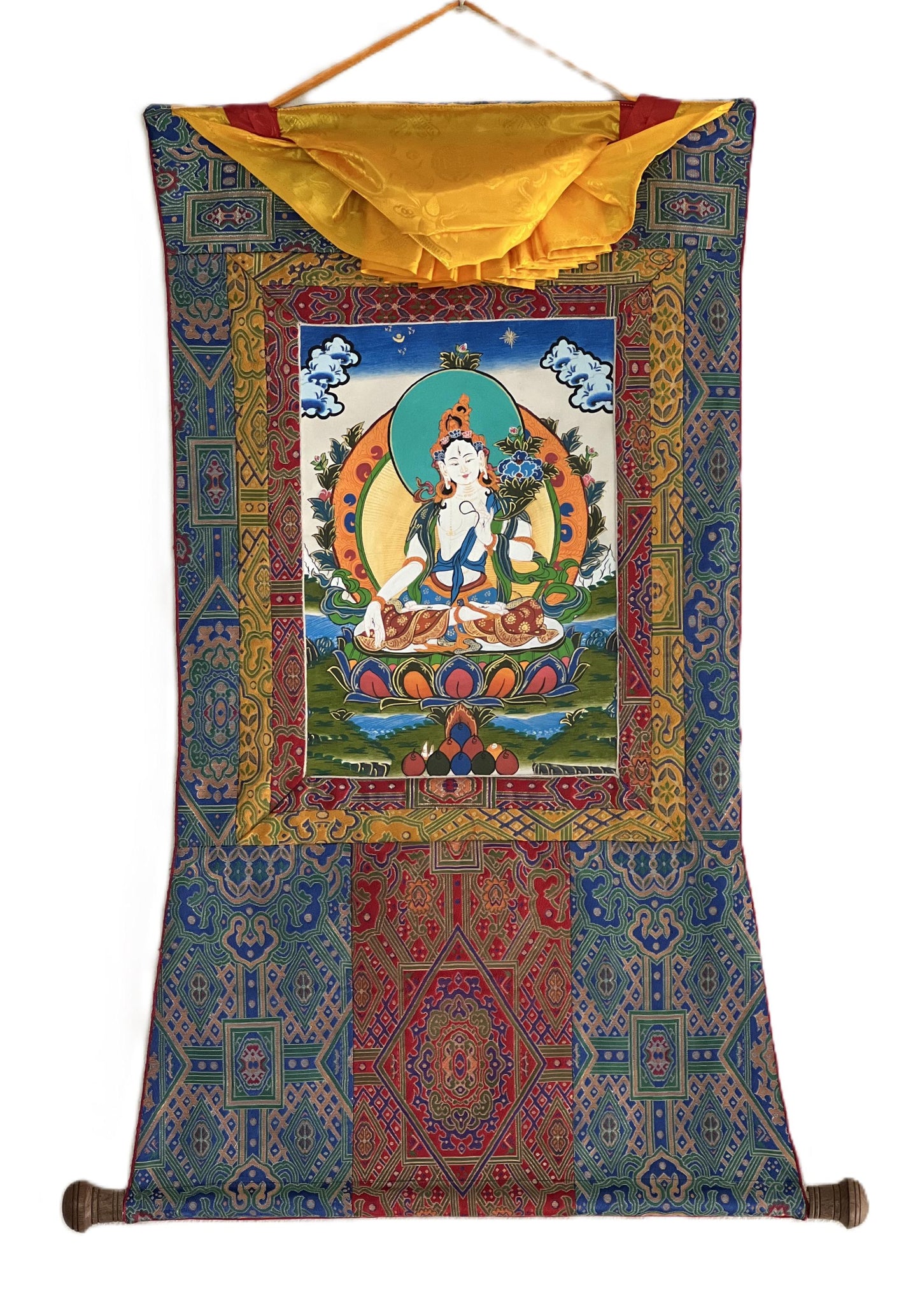 Hand-Painted White Tara Thangka Painting, Silk Brocade Framed, Buddhist Art