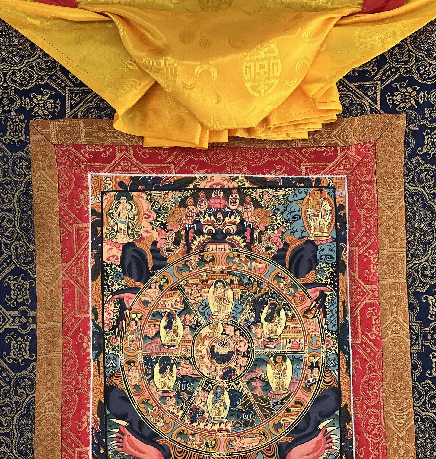 Hand-Painted Wheel of Life Mandala Thangka | Tibetan Buddhist Art with Silk Brocade
