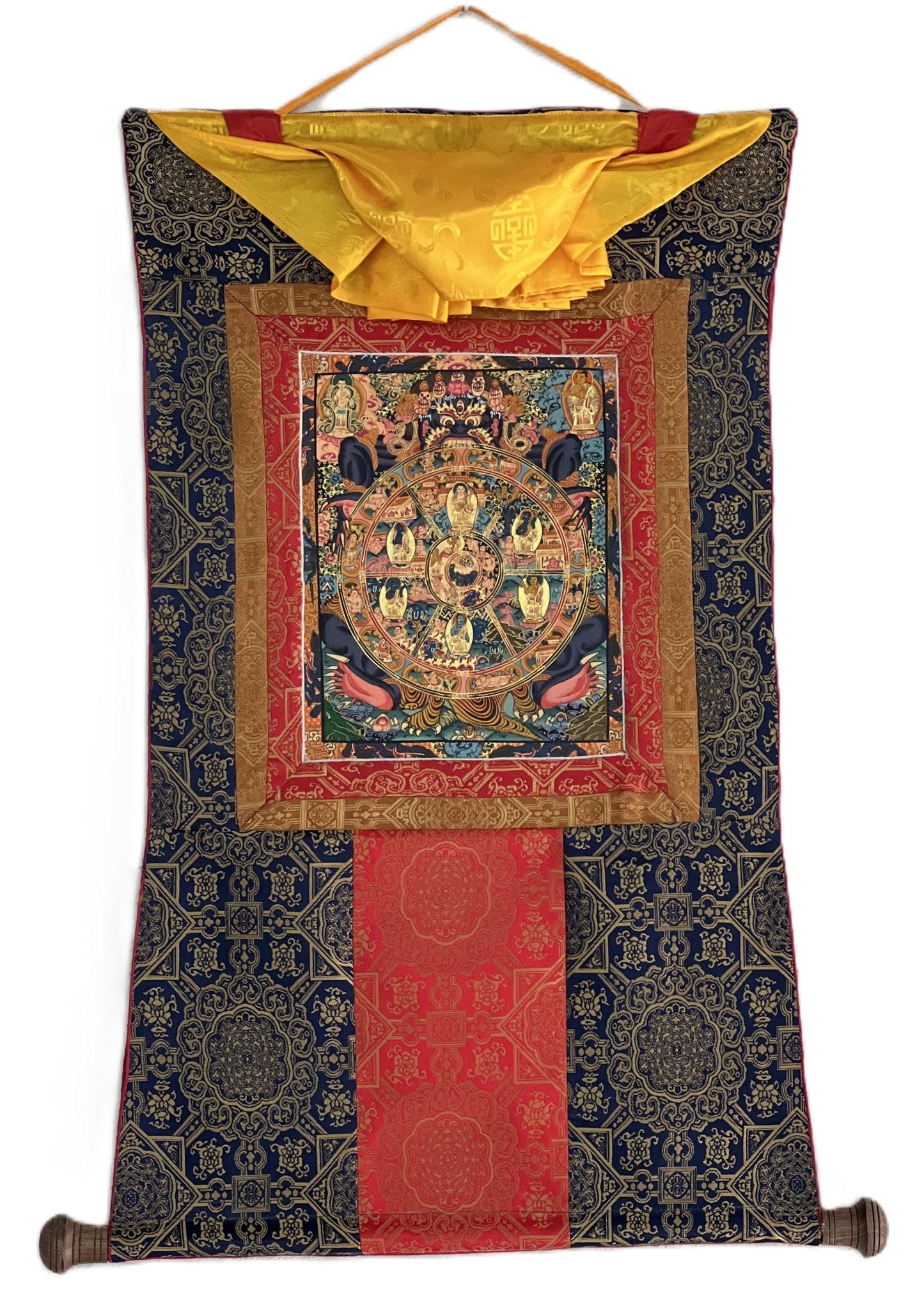Hand-Painted Wheel of Life Mandala Thangka | Tibetan Buddhist Art with Silk Brocade