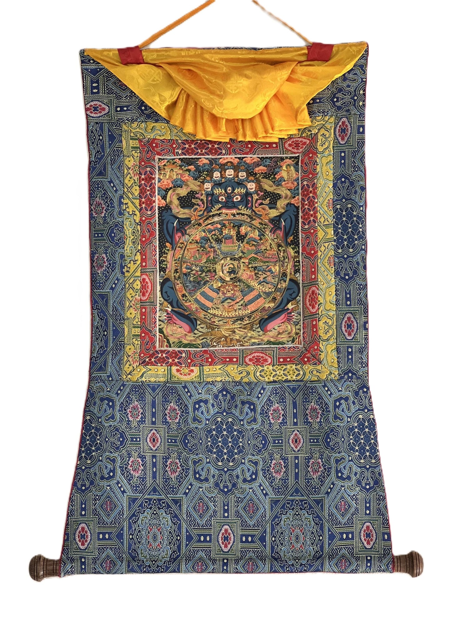 Hand-Painted Samsara Wheel of Life Mandala Tibetan Thangka, Silk Brocade Framed