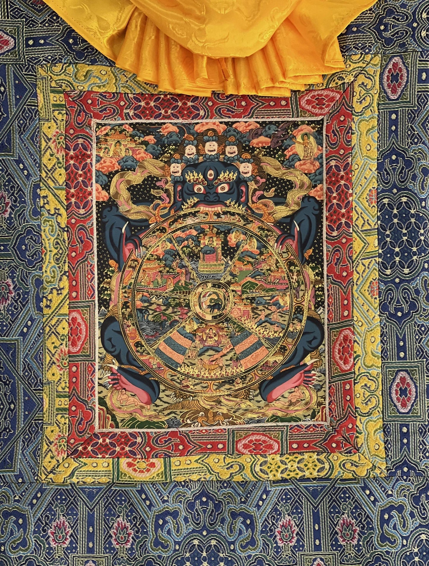 Hand-Painted Samsara Wheel of Life Mandala Tibetan Thangka, Silk Brocade Framed