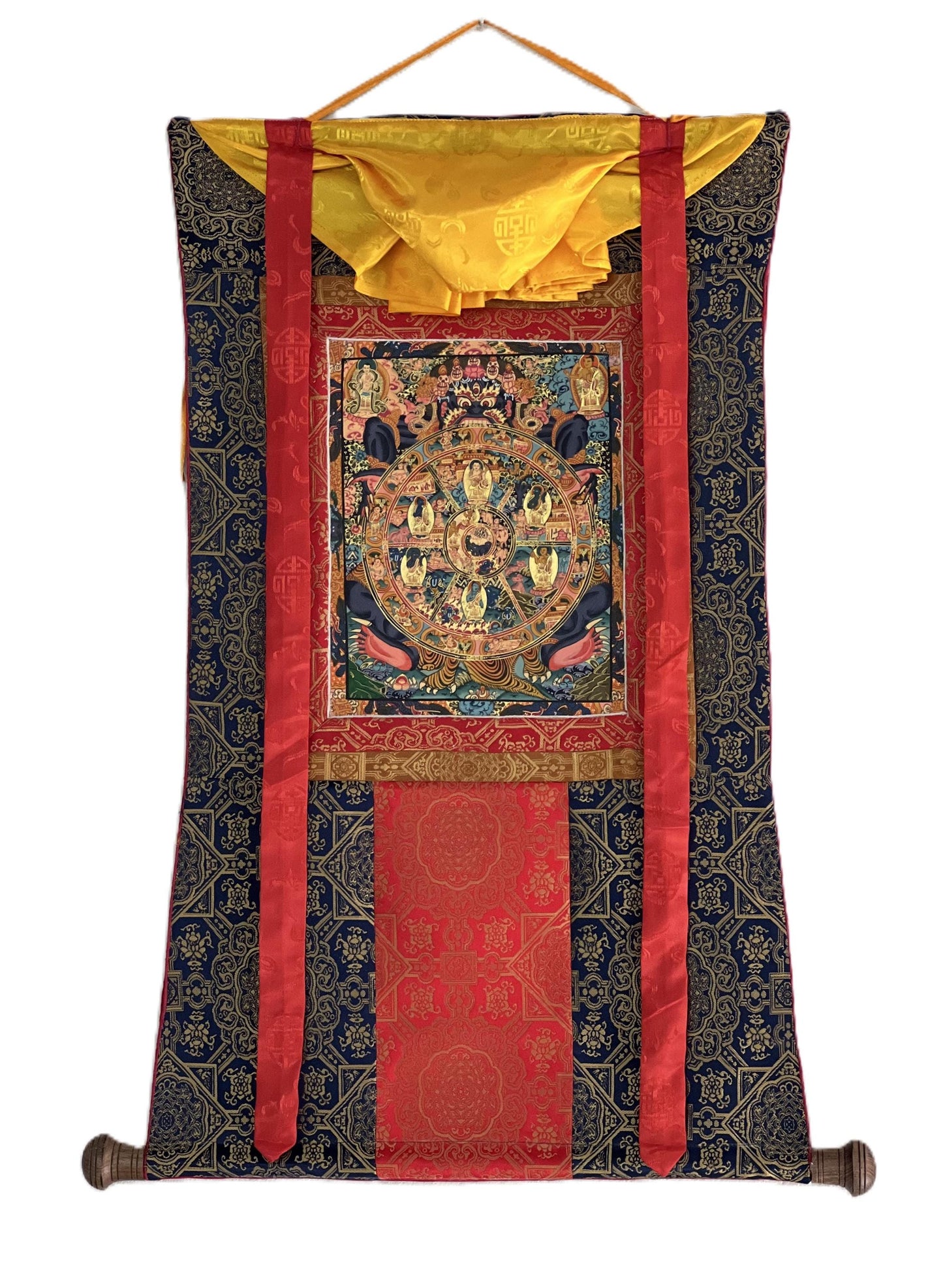 Hand-Painted Wheel of Life Mandala Thangka | Tibetan Buddhist Art with Silk Brocade