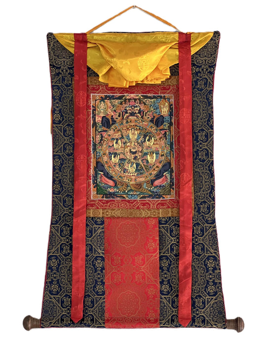 Hand-Painted Wheel of Life Mandala Thangka | Tibetan Buddhist Art with Silk Brocade