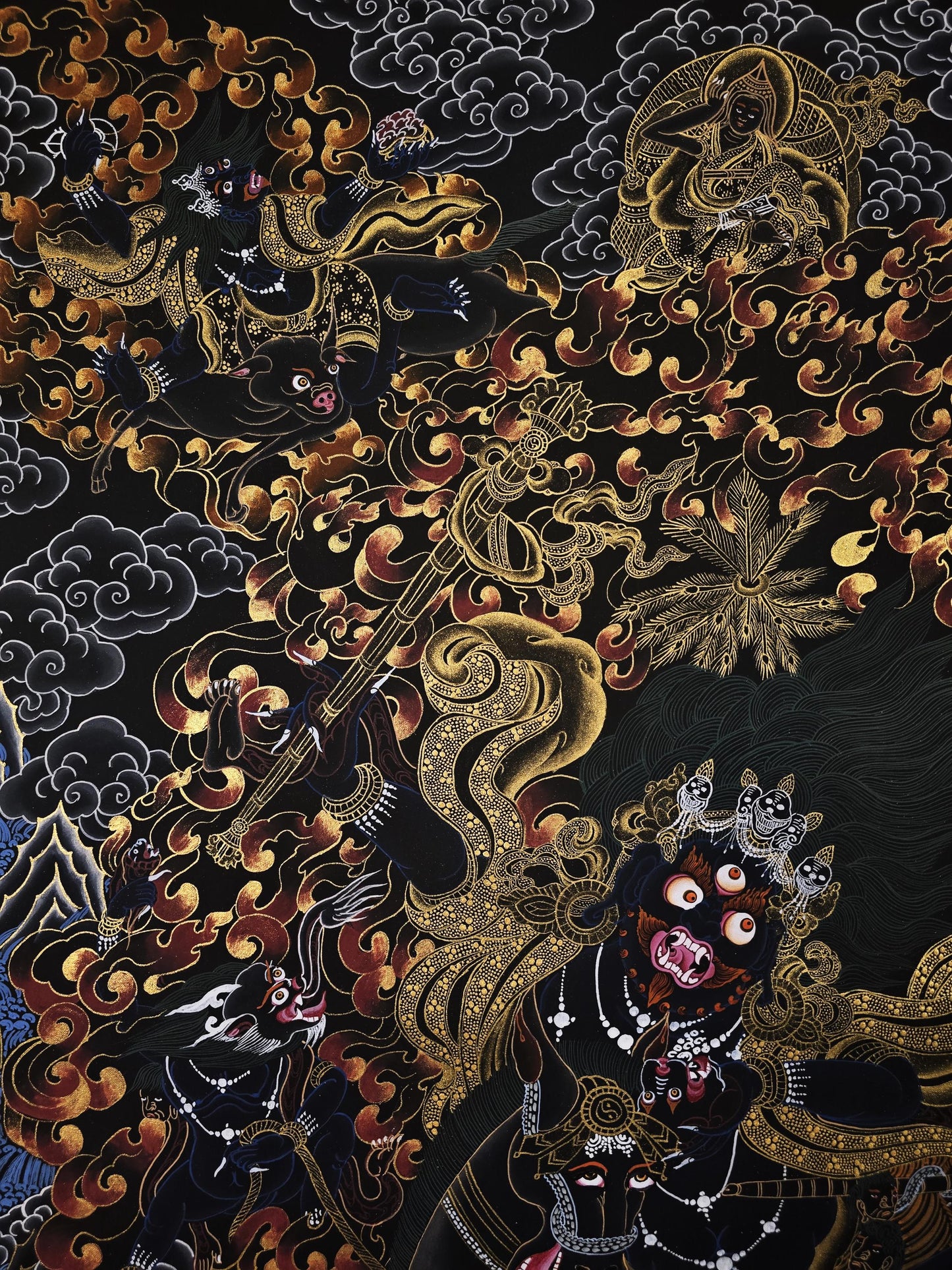 Hand-Painted Palden Lhamo Thangka | Black and Gold Buddhist Art