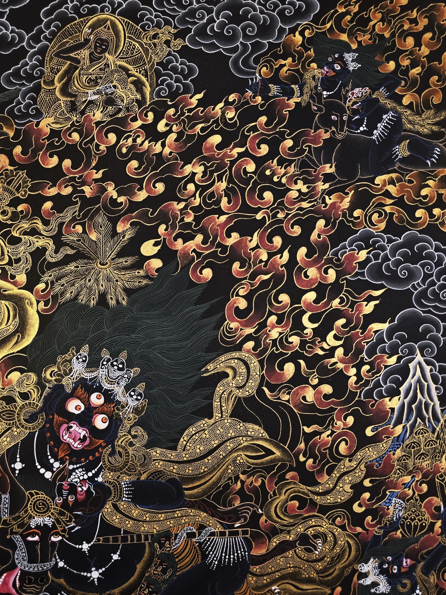 Hand-Painted Palden Lhamo Thangka | Black and Gold Buddhist Art