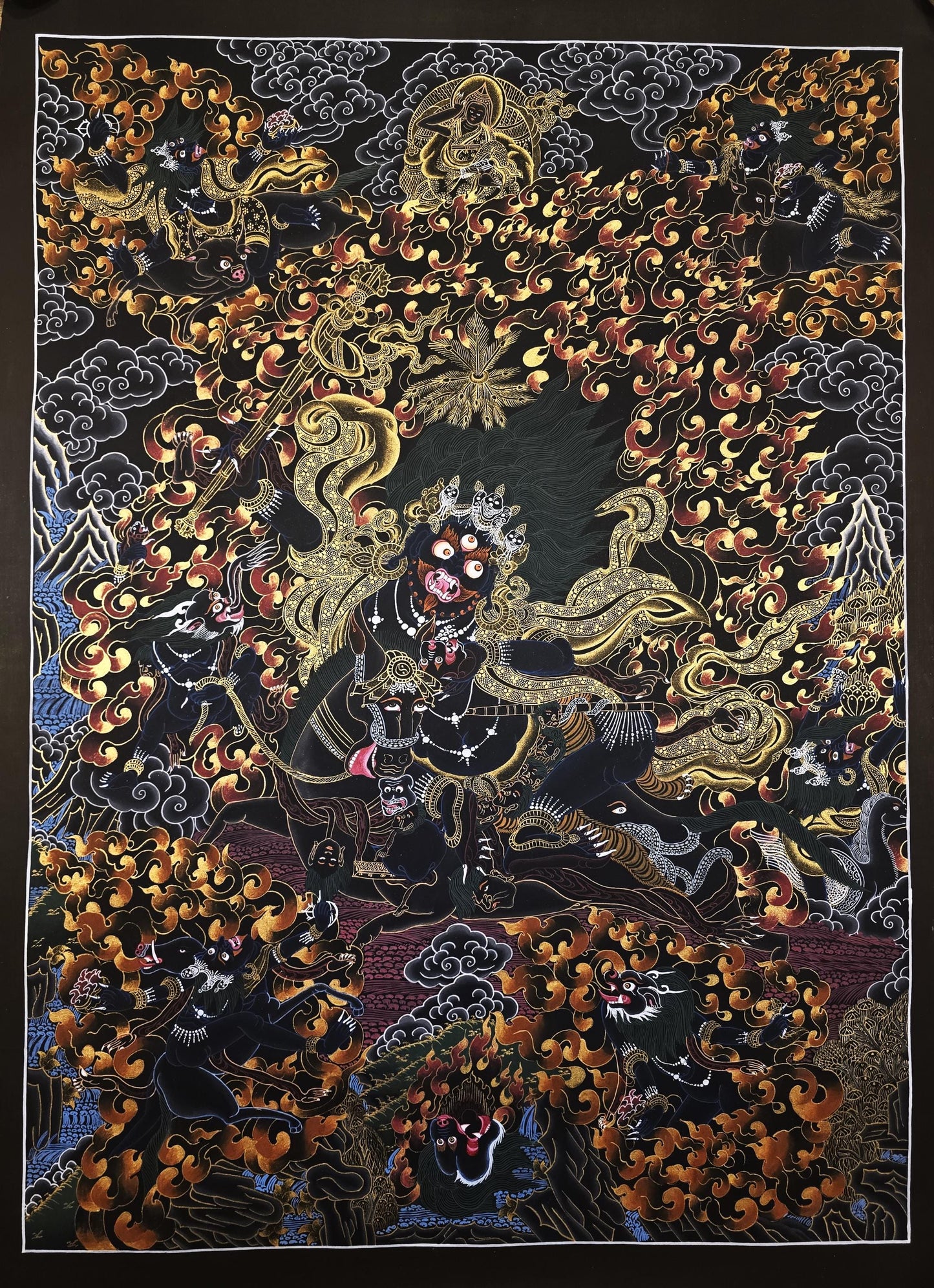 Hand-Painted Palden Lhamo Thangka | Black and Gold Buddhist Art
