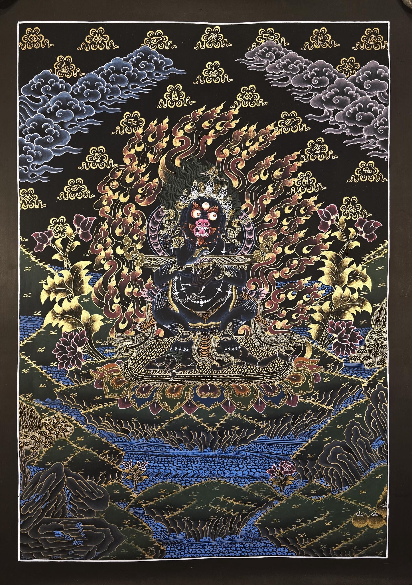 Black Mahakala Thangka | Hand-Painted Wrathful Deity Art, Nepal