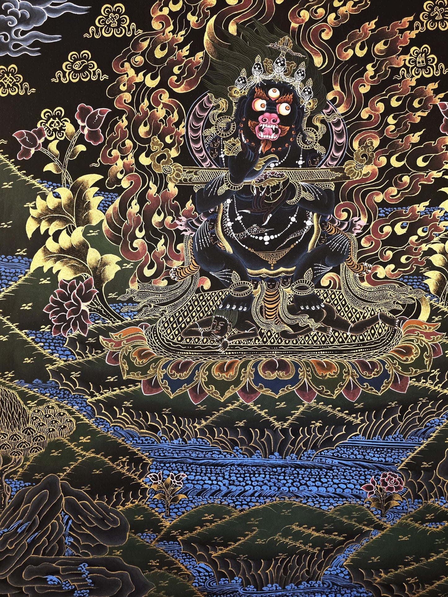 Black Mahakala Thangka | Hand-Painted Wrathful Deity Art, Nepal