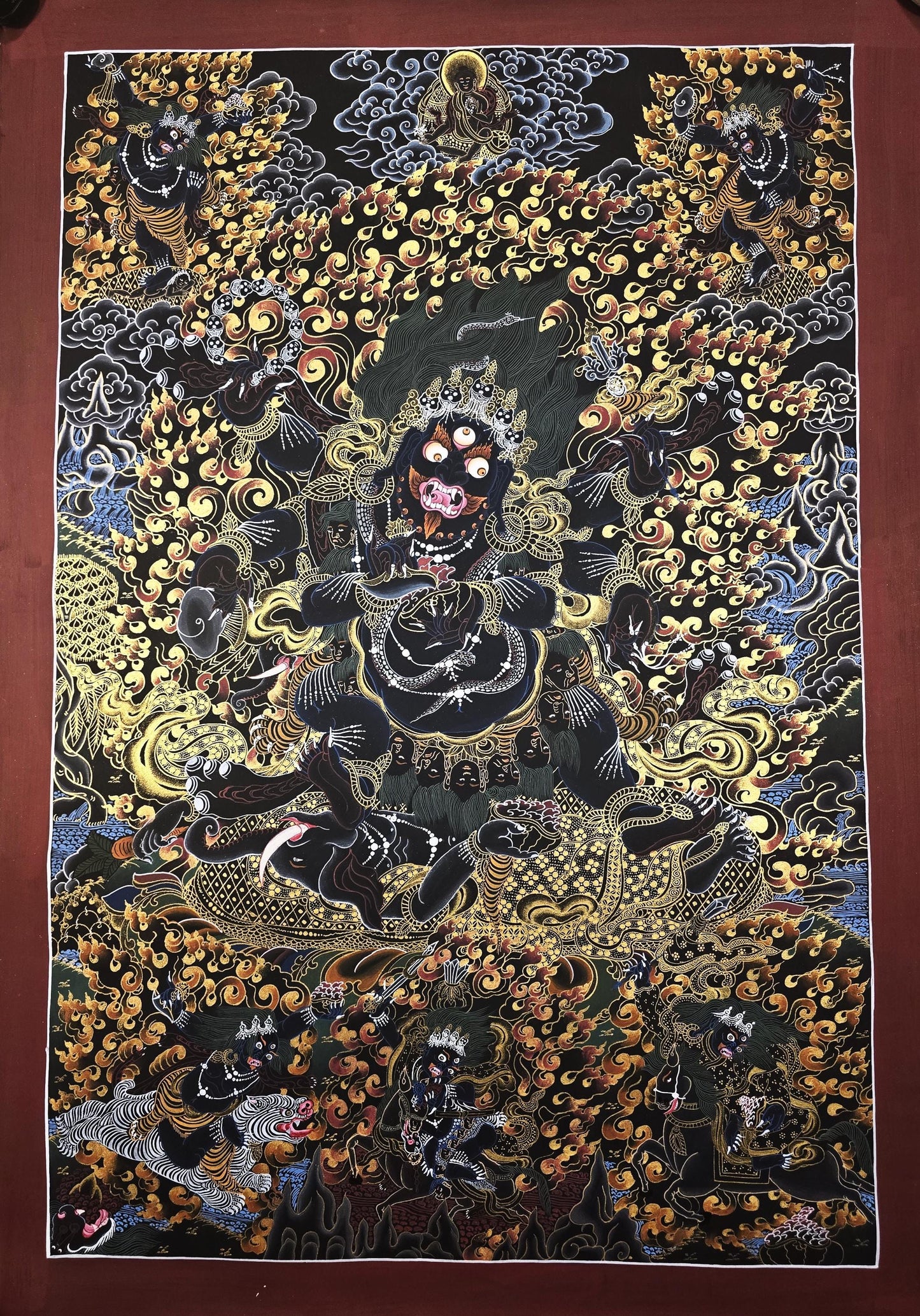 Original Hand-Painted Six-Armed Mahakala Black and Gold Tibetan Thangka Painting – Protector Deity of Compassion