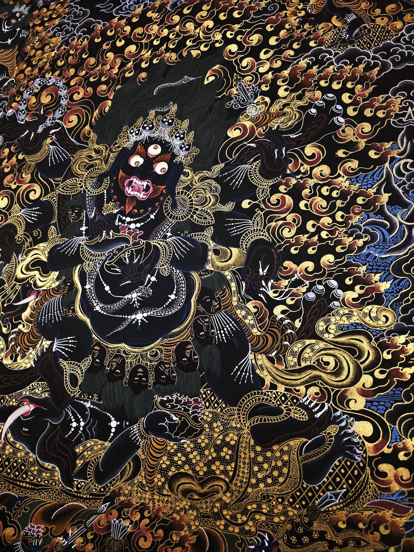 Original Hand-Painted Six-Armed Mahakala Black and Gold Tibetan Thangka Painting – Protector Deity of Compassion