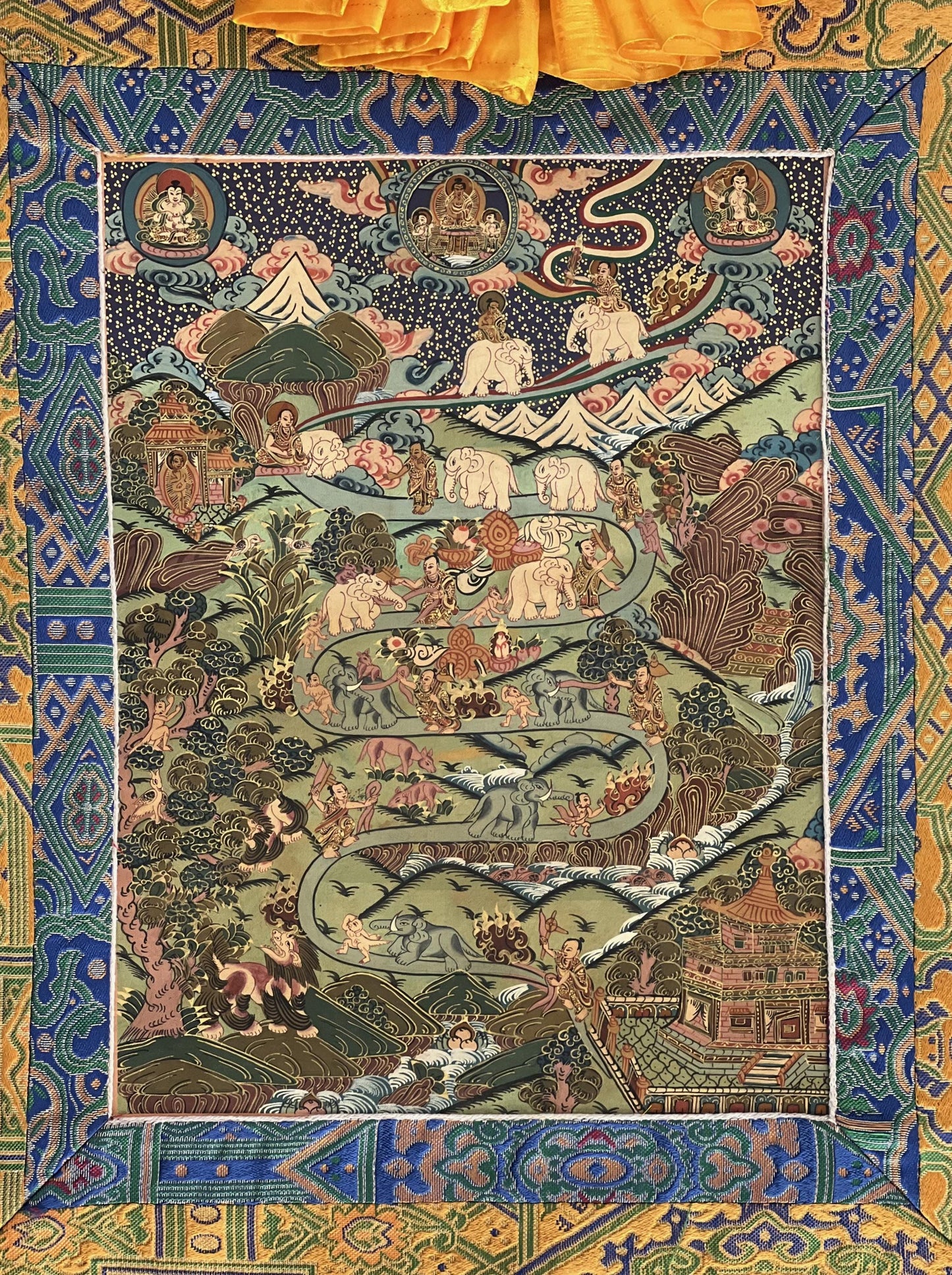 Hand-Painted Samatha Meditation Thangka, Tibetan Buddhist Art with Silk Brocade