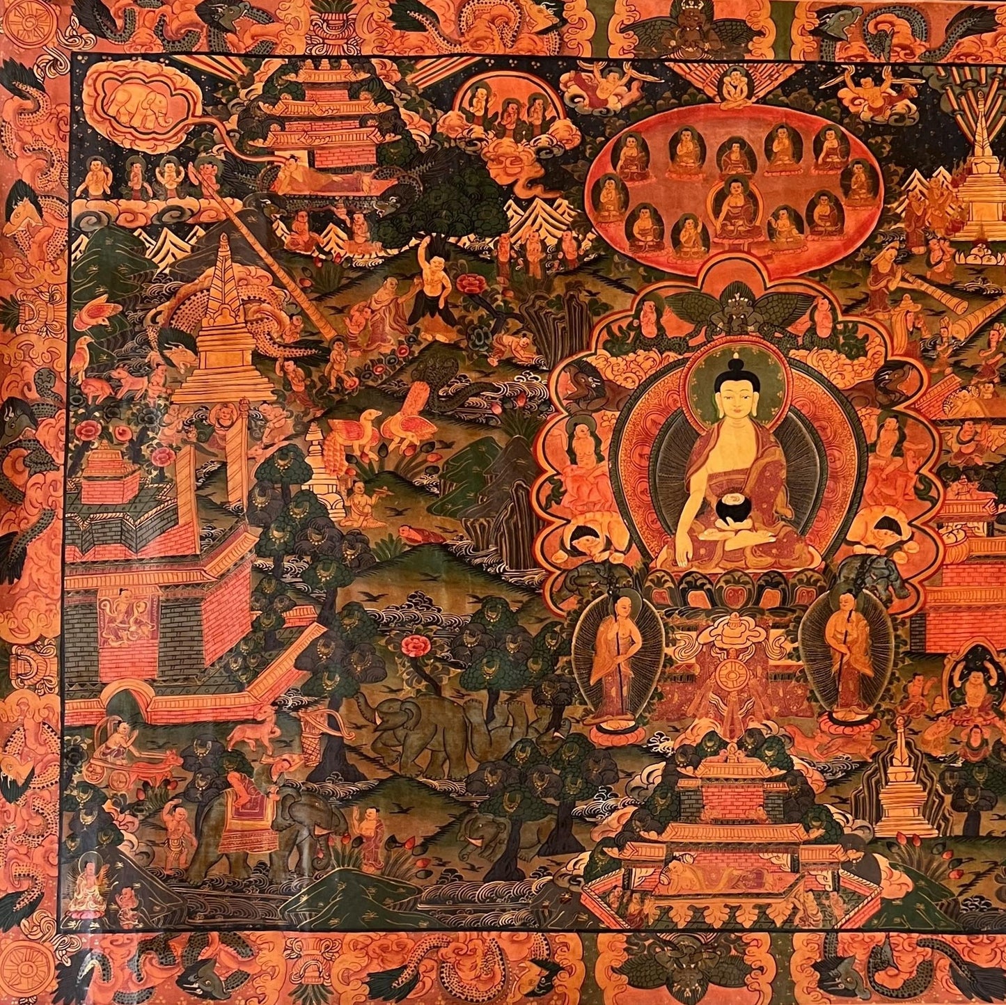 Large Buddha Life Story Thangka • Semi-Old Tibetan Painting, Nepal Art