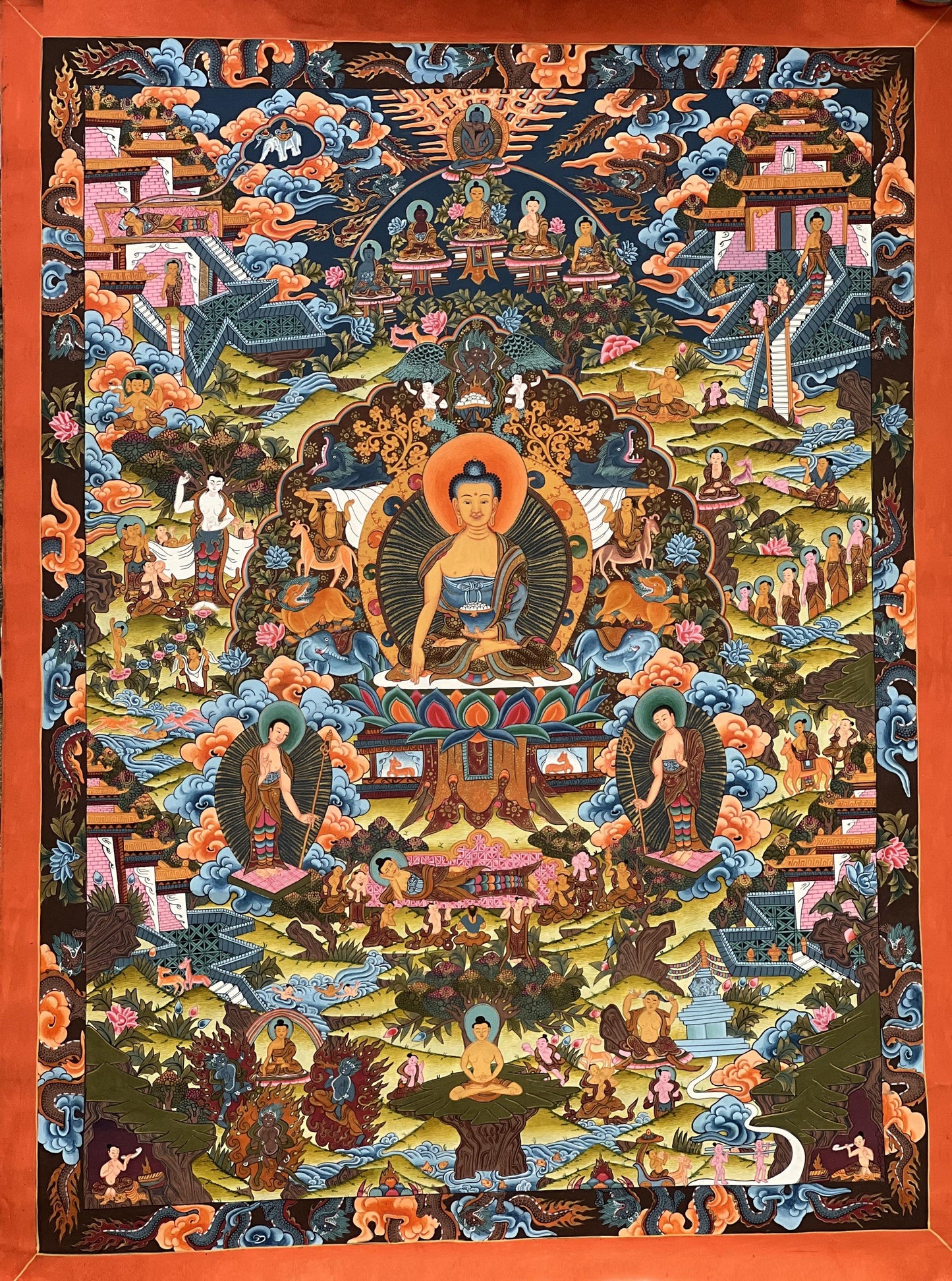 Hand-Painted Buddha Life Story Thangka | Tibetan Cotton Canvas Art