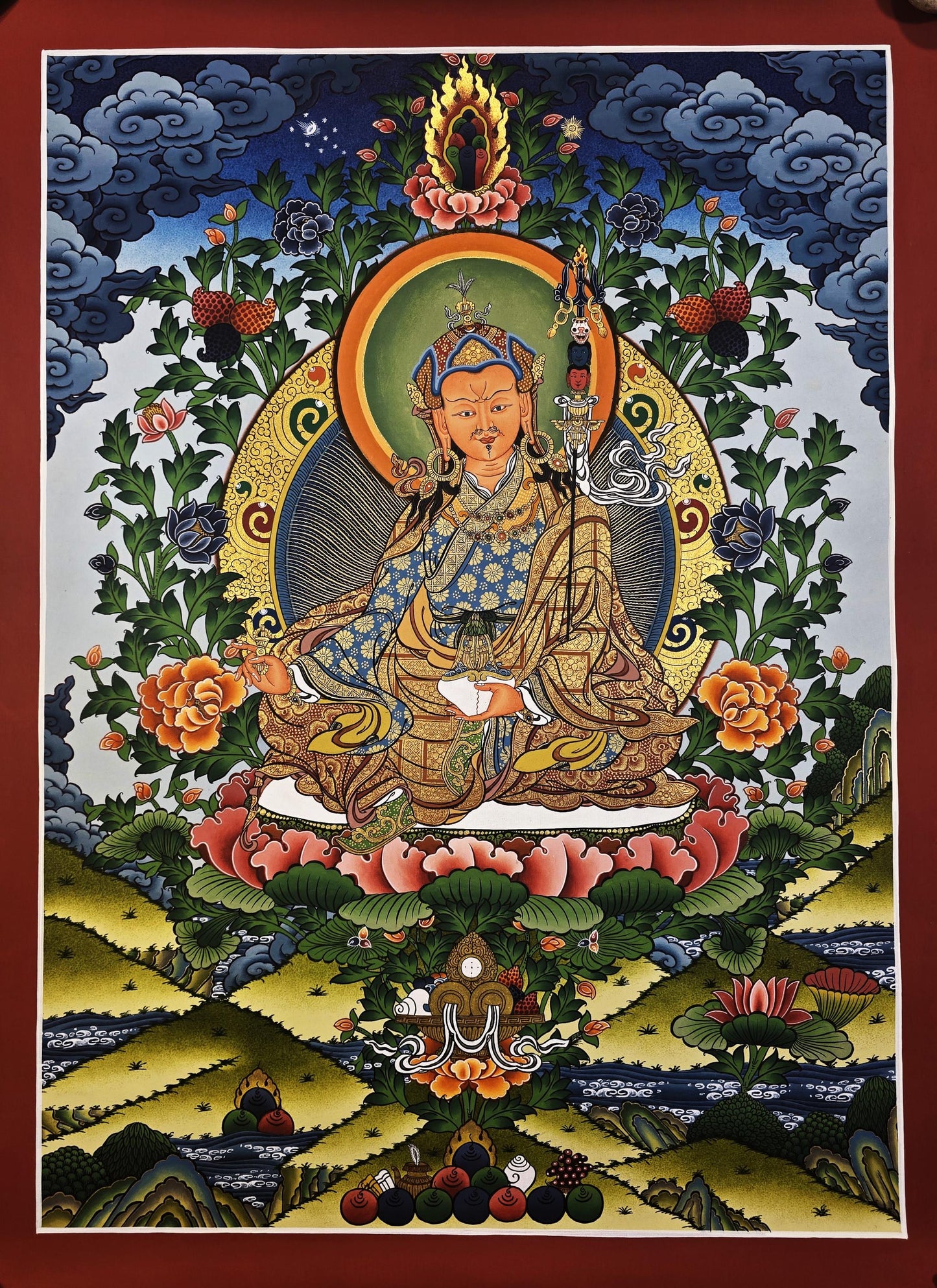 Hand-Painted Guru Rinpoche Thangka | Padmasambhava Masterpiece | Gold Tibetan Compassion Meditation Art | Authentic Nepalese Painting