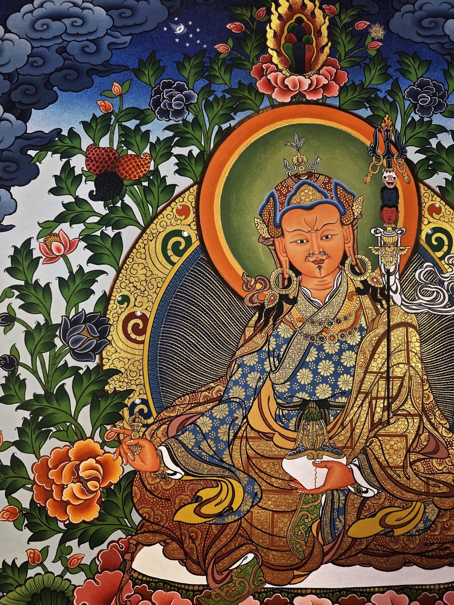 Hand-Painted Guru Rinpoche Thangka | Padmasambhava Masterpiece | Gold Tibetan Compassion Meditation Art | Authentic Nepalese Painting